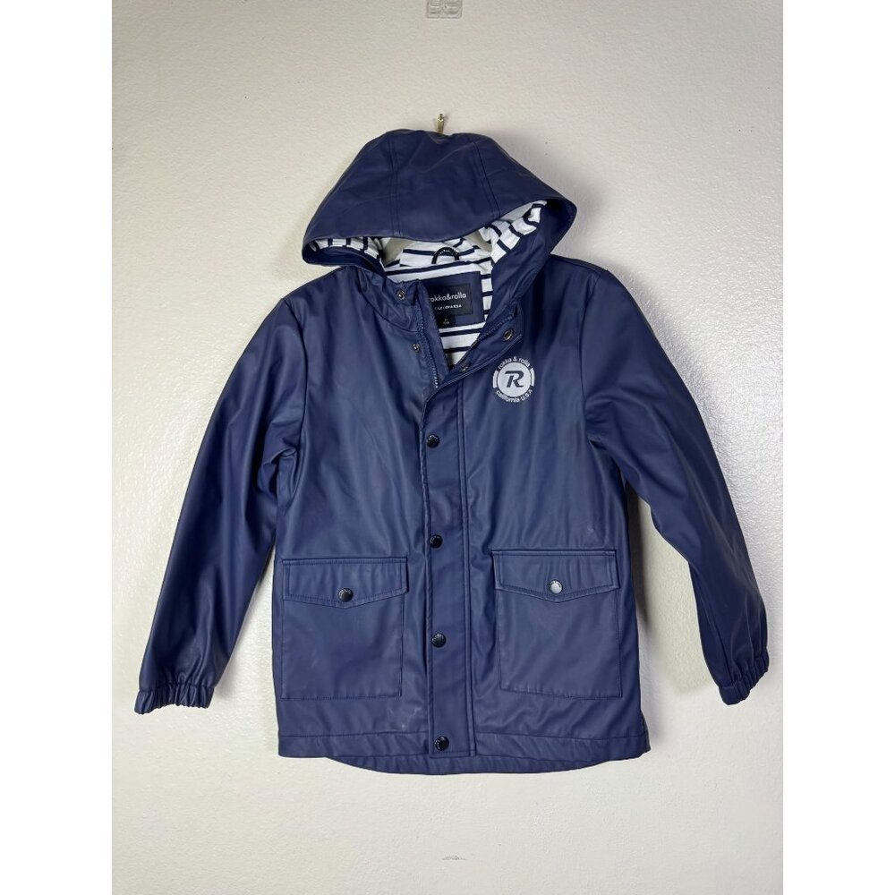 Rokka & Rolla Navy Blue Hooded Rain Jacket Kids Size Medium Full Zip Waterproof